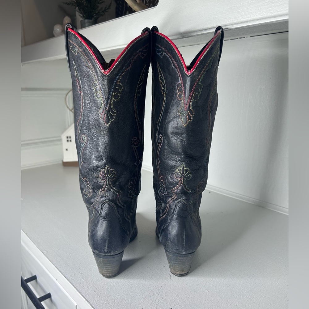 Vintage Acme Black Leather Cowboy Boots Women’s 7 Colorful Stitching, Metal Toe - Picture 5 of 9